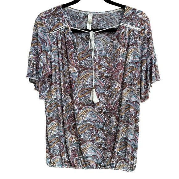 PerSeption Concept V Neck Paisley Tassel Boho Short Flutter Sleeve Flowy Blouse - Picture 1 of 8